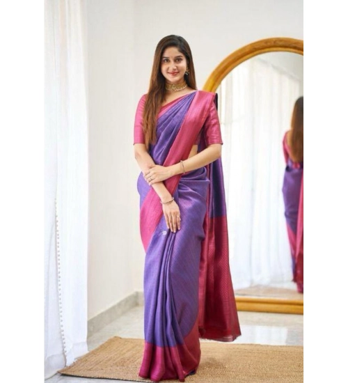 Women's Soft Lichi Silk Printed Saree With Unstitched Blouse 5.5Mtr (Purple)
