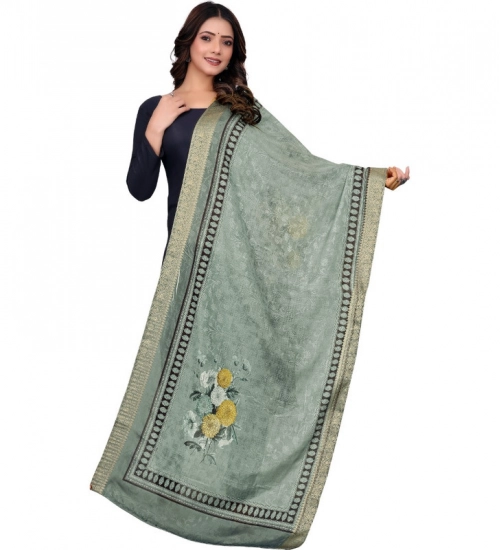Women's chanderi silk  Printed Dupatta (Green, Length: 2 Mtr)
