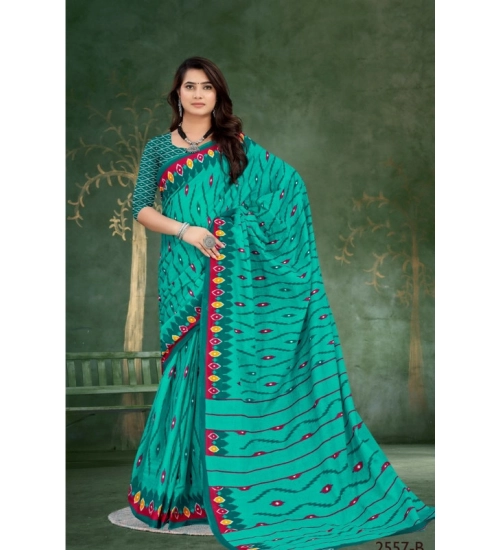 Women's Soft Pure Cotton Printed Saree With Unstitched Blouse 5.5Mtr (Blue)