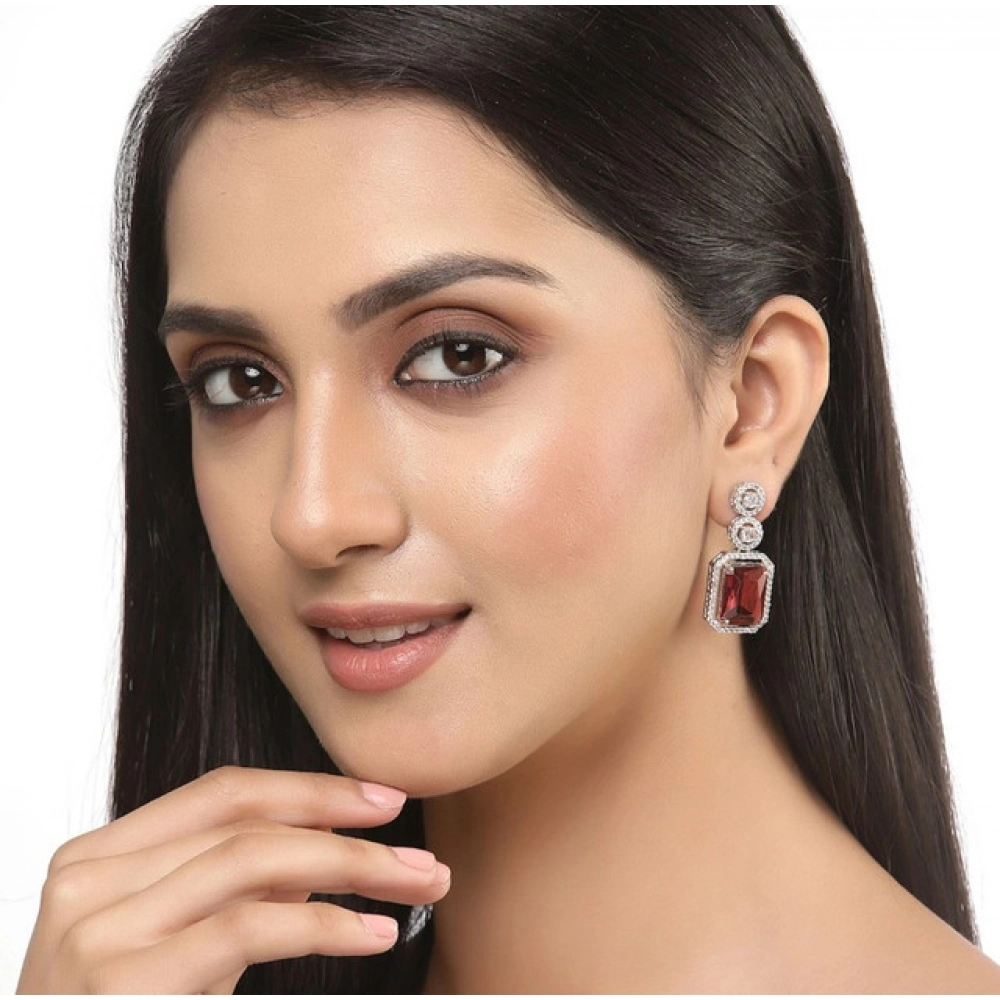Women's Brass Silver Plated Drop Earrings (Red)