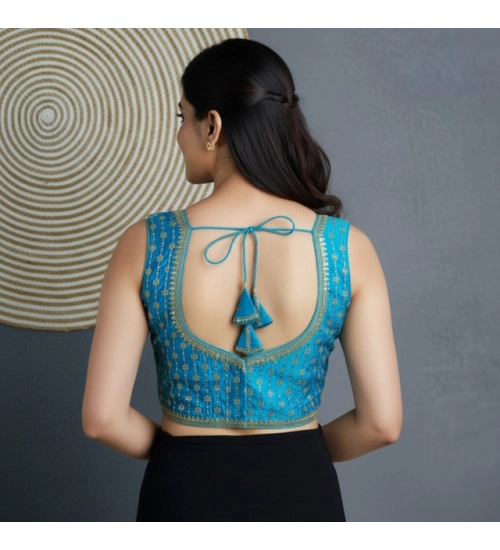 Women's Silk Blend Embroidered V-Neck Non Padded Blouse (Sky 38 Ready (Alterable up to 42)