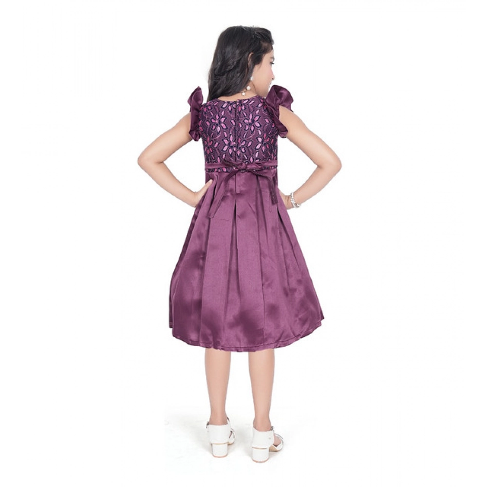 Girl's Satin Printed Sleeve Less Round Neck Dress (Purple)