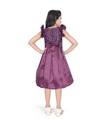 Girl's Satin Printed Sleeve Less Round Neck Dress (Purple)