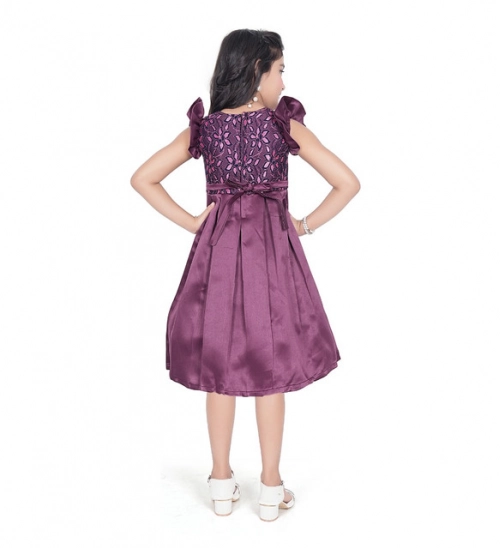 Girl's Satin Printed Sleeve Less Round Neck Dress (Purple) Girl's Satin Printed Sleeve Less Round Neck Dress (Purple)