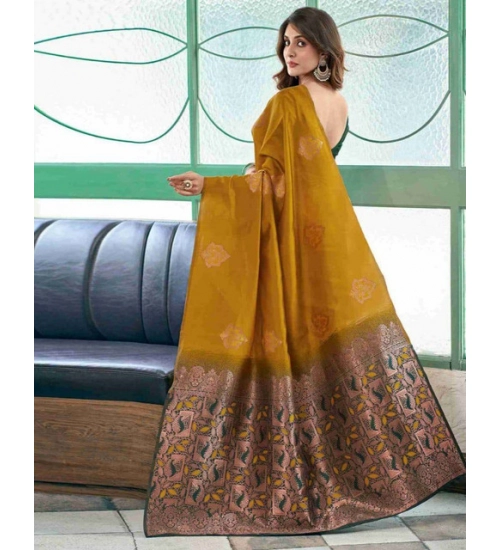 Women's Soft Lichi Silk Printed Saree With Unstitched Blouse 5.5Mtr (Mustard )