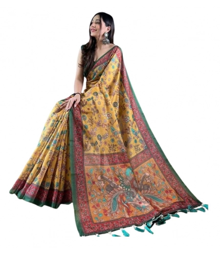 Women's Linen Printed Saree With Unstitched Blouse 5.5Mtr (Yellow)