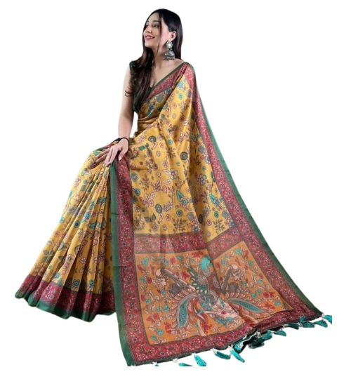 Women's Linen Printed Saree With Unstitched Blouse 5.5Mtr (Yellow)