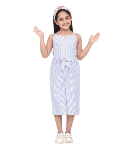 Girl's Polyester Cotton Blend Striped Sleeveless Jumpsuit (Light Blue)
