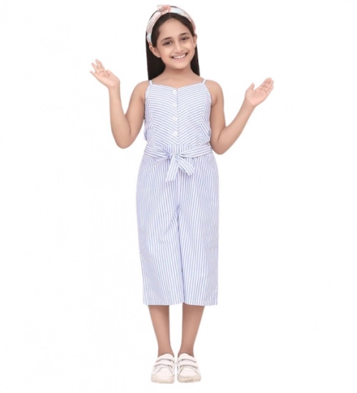Girl's Polyester Cotton Blend Striped Sleeveless Jumpsuit (Light Blue)