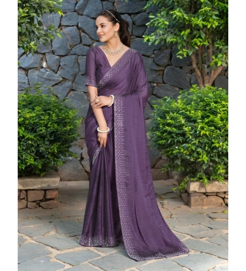 Women's Rangoli Diamond Weaving - Stone Work Saree With Unstitched Blouse 5.5Mtr (Lavender)