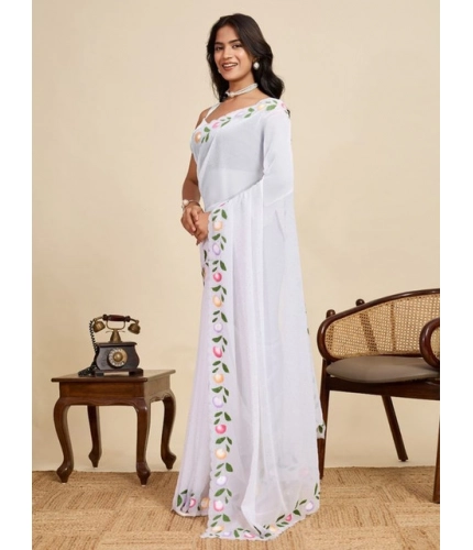 Women's Georgette Printed Saree With Unstitched Blouse 5.5Mtr (White)