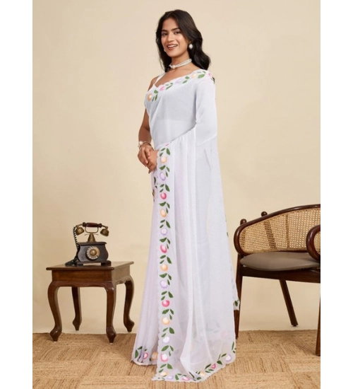 Women's Georgette Printed Saree With Unstitched Blouse 5.5Mtr (White)