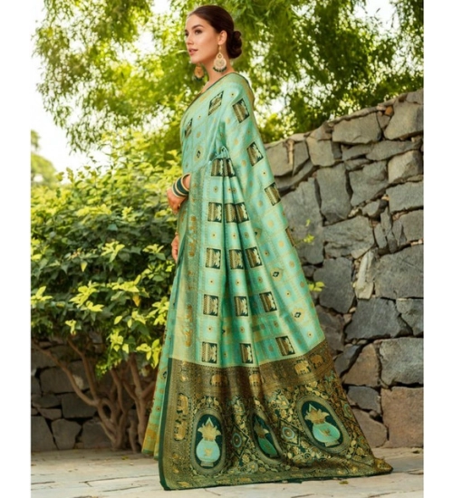Women's Silk Blend Woven Zari Work Saree With Unstitched Blouse 5.5Mtr (Mint Green)