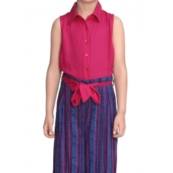 Girl's Rayon Colour Block Sleeveless Jumpsuit (Pink-Blue)