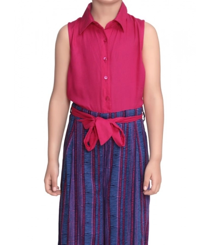 Girl's Rayon Colour Block Sleeveless Jumpsuit (Pink-Blue)