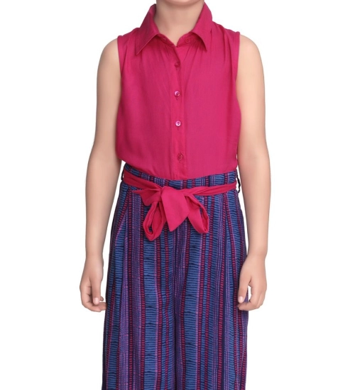 Girl's Rayon Colour Block Sleeveless Jumpsuit (Pink-Blue)