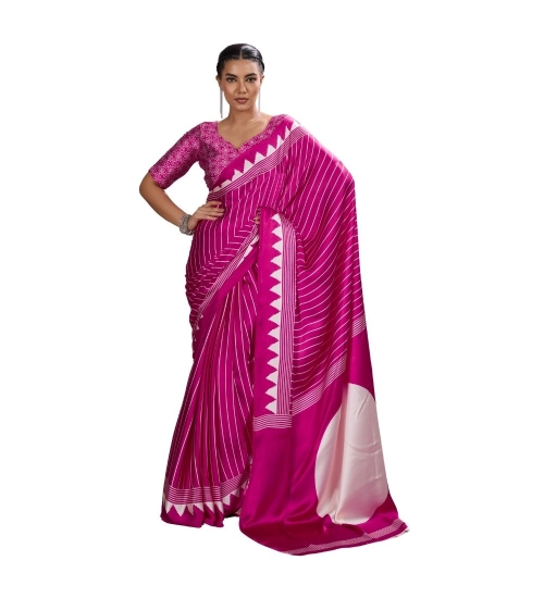 Women's Satin Crepe Printed Saree With Unstitched Blouse 5.5Mtr (Pink)