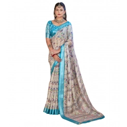 Women's Printed Cotton Linen Saree withPrinted  Saree With Unstitched Blouse (Rust  , 5-6Mtrs)
