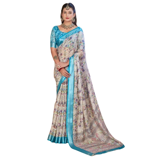 Women's Printed Cotton Linen Saree withPrinted  Saree With Unstitched Blouse (Rust  , 5-6Mtrs)