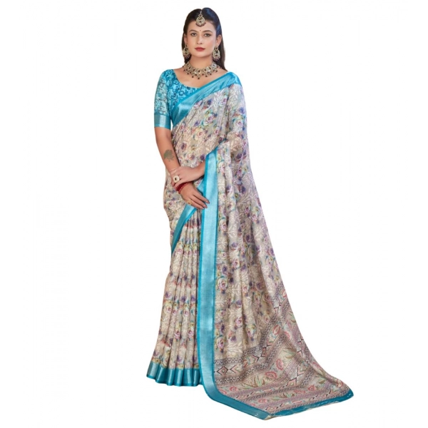 Dropship Women's Printed Cotton Linen Saree withPrinted  Saree With Unstitched Blouse (Rust  , 5-6Mtrs)