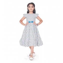 Girl's Twill Printed Short Sleeve Round Neck Dress (Grey)
