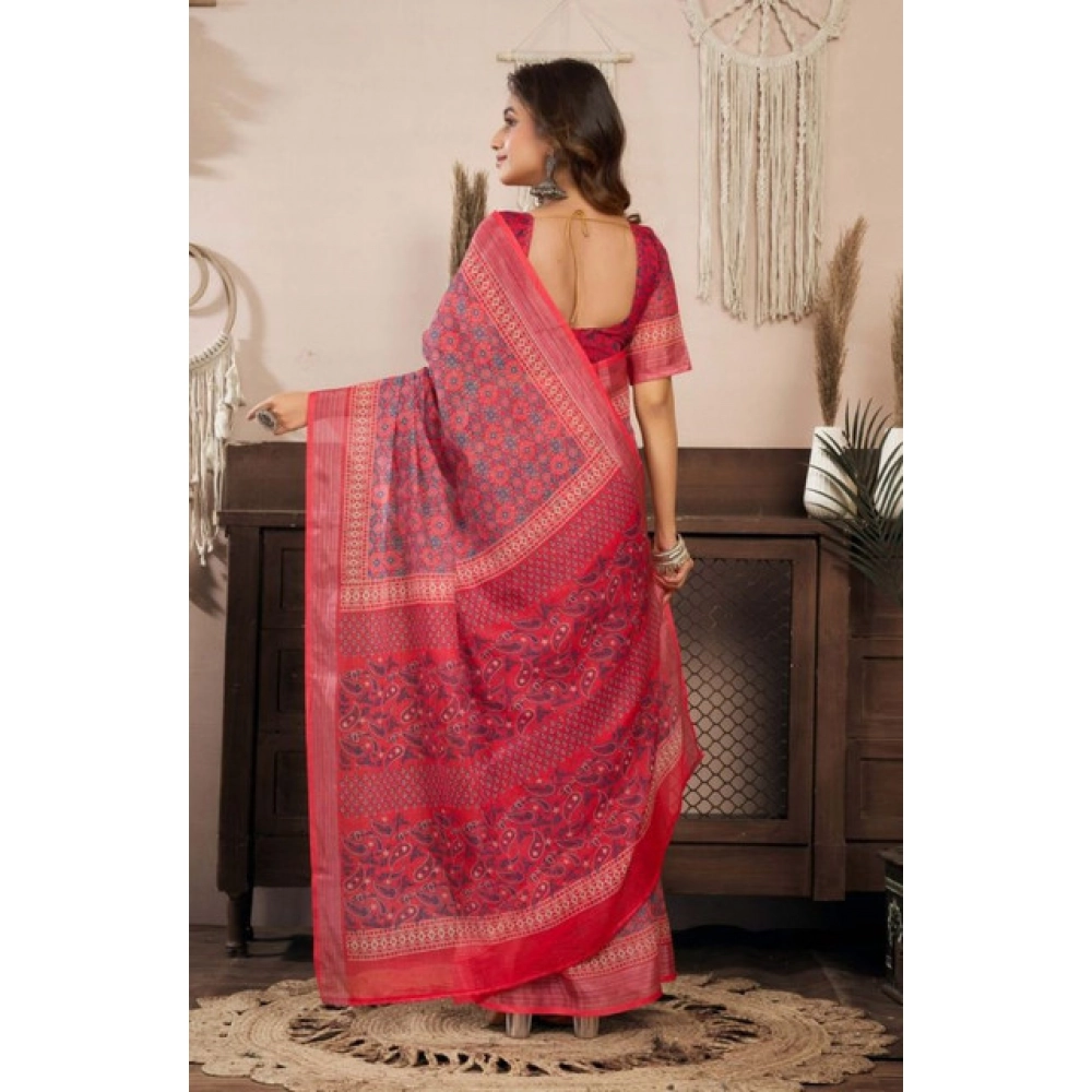 Women's Faux Linen Geometric Print Ready to wear Saree With Unstitched Blouse 5.5Mtr (Red) Women's Faux Linen Geometric Print Ready to wear Saree With Unstitched Blouse 5.5Mtr (Red)