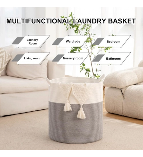Cotton 12x14 Inch- 1 Pcs Storage Basket For Clothes (Gray-White)