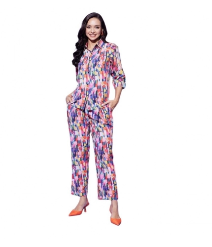 Women's Polyester Floral 3-4th Sleeve Co-Ord Set (Multicolor)