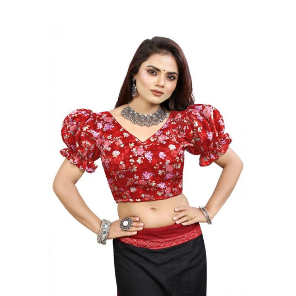 Women's Organza Printed V Neck Puff Sleeve Readymade Blouse (Red 38 , Alterable up to 42)-PID65871 Women's Organza Printed V Neck Puff Sleeve Readymade Blouse (Red 38 , Alterable up to 42)-PID65871