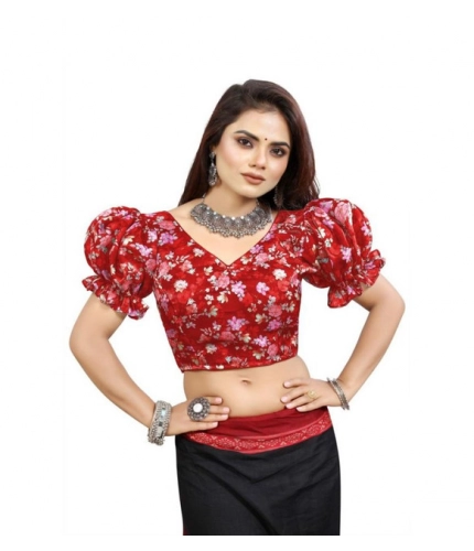 Women's Organza Printed V Neck Puff Sleeve Readymade Blouse (Red 38 , Alterable up to 42)-PID65871