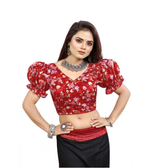Women's Organza Printed V Neck Puff Sleeve Readymade Blouse (Red 38 , Alterable up to 42)-PID65871 Women's Organza Printed V Neck Puff Sleeve Readymade Blouse (Red 38 , Alterable up to 42)-PID65871
