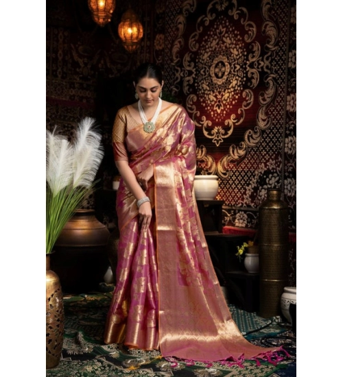 Women's Organza Woven Saree With Unstitched Blouse 5.5Mtr (Purple)