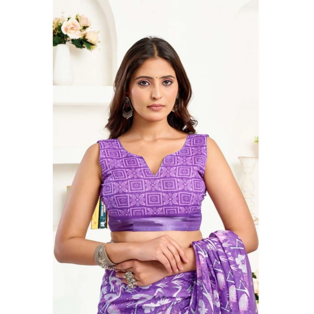 Women's Faux Linen Floral Print Ready to wear Saree With Unstitched Blouse 5.5Mtr (Purple) Women's Faux Linen Floral Print Ready to wear Saree With Unstitched Blouse 5.5Mtr (Purple)