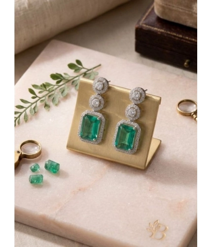 Women's Brass Silver Plated Drop Earrings (Green)