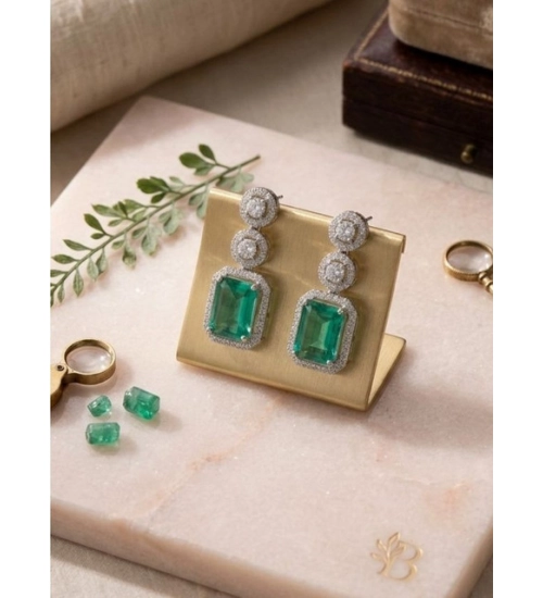 Women's Brass Silver Plated Drop Earrings (Green)