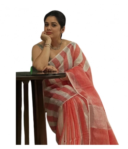 Women's Linen Printed Saree With Unstitched Blouse 5.5Mtr (Multicolor)