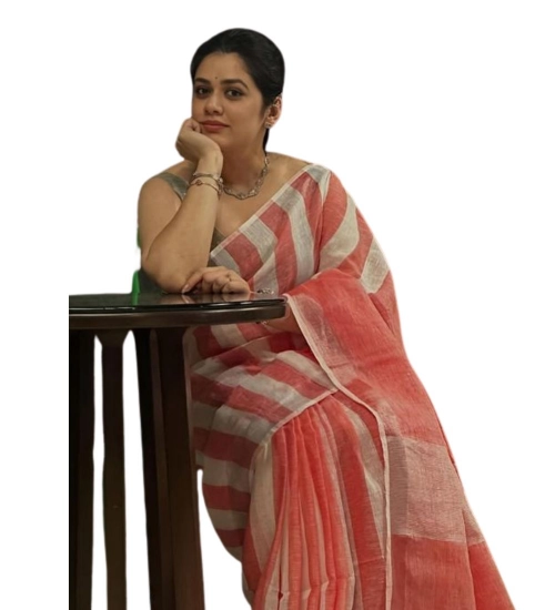 Women's Linen Printed Saree With Unstitched Blouse 5.5Mtr (Multicolor)