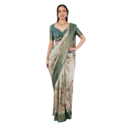 Women's Polyester Printed Ready To Wear Saree With Unstitched Blouse 5.5 Mtr (Beige)