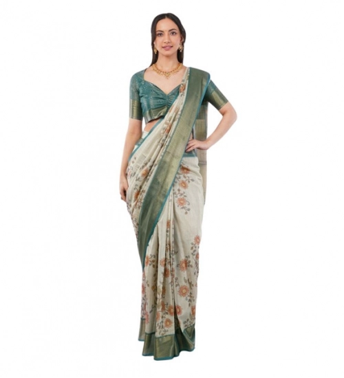 Women's Polyester Printed Ready To Wear Saree With Unstitched Blouse 5.5 Mtr (Beige)