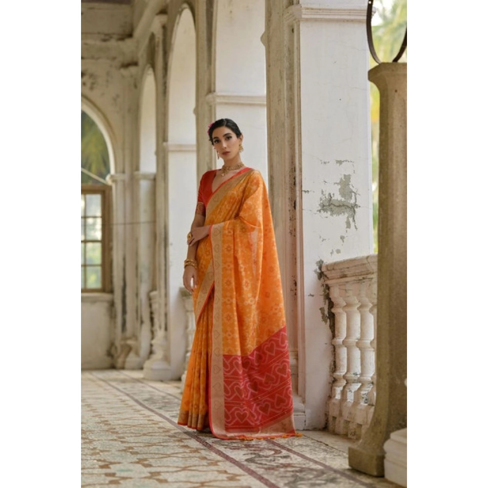 Women's Silk_Blend Ethnic Ikat Pattern Saree With Unstitched Blouse 5.5Mtr (Mustard) Women's Silk_Blend Ethnic Ikat Pattern Saree With Unstitched Blouse 5.5Mtr (Mustard)