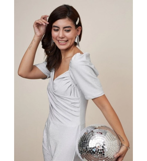Women's Polyester Shimmer Self Design Short Sleeve Jumpsuit (Silver) Women's Polyester Shimmer Self Design Short Sleeve Jumpsuit (Silver)