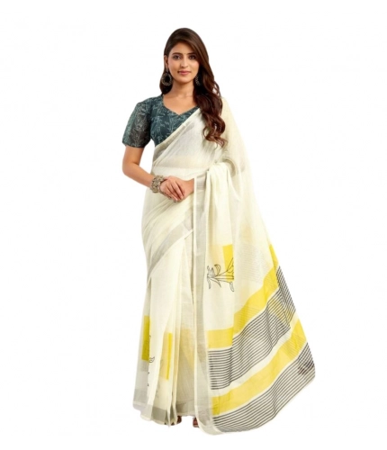 Women's Faux Linen Floral Print Ready to wear Saree With Unstitched Blouse 5.5Mtr (Off_White) Women's Faux Linen Floral Print Ready to wear Saree With Unstitched Blouse 5.5Mtr (Off_White)