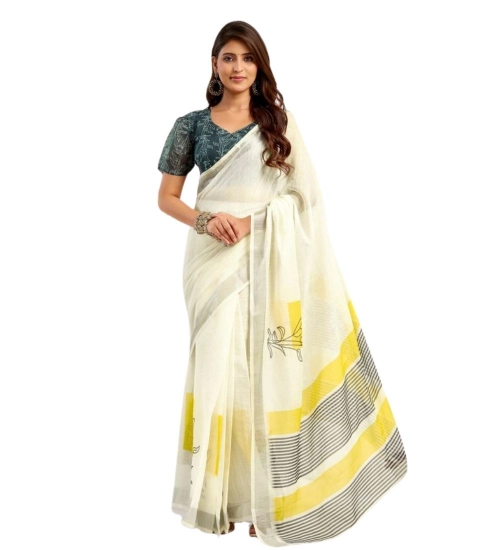 Women's Faux Linen Floral Print Ready to wear Saree With Unstitched Blouse 5.5Mtr (Off_White) Women's Faux Linen Floral Print Ready to wear Saree With Unstitched Blouse 5.5Mtr (Off_White)