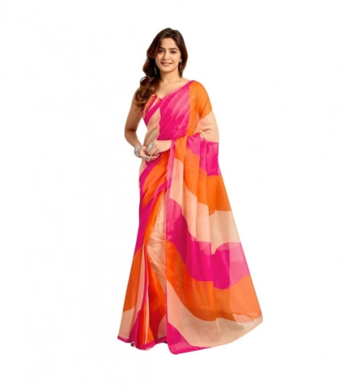 Women's Linen Cotton Printed Ready To Wear Saree With Unstitched Blouse 5.5 Mtr (Multicolor)