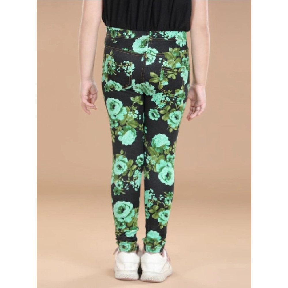 Girl's Cotton Lycra Floral Elasticated Jeggings (Black-Green) Girl's Cotton Lycra Floral Elasticated Jeggings (Black-Green)