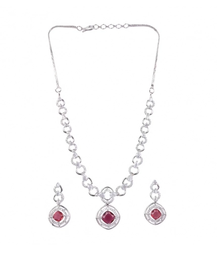 Women's Brass Silver Plated Necklace set (Red)