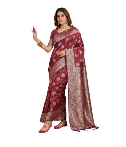 Women's Silk Blend Printed Saree With Unstitched Blouse 5.5Mtr (Maroon)
