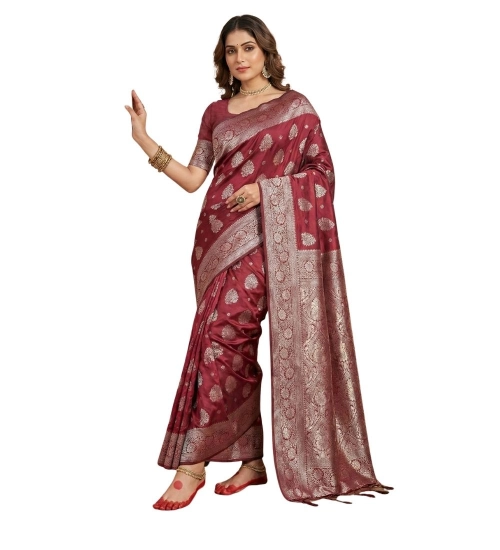 Women's Silk Blend Printed Saree With Unstitched Blouse 5.5Mtr (Maroon)
