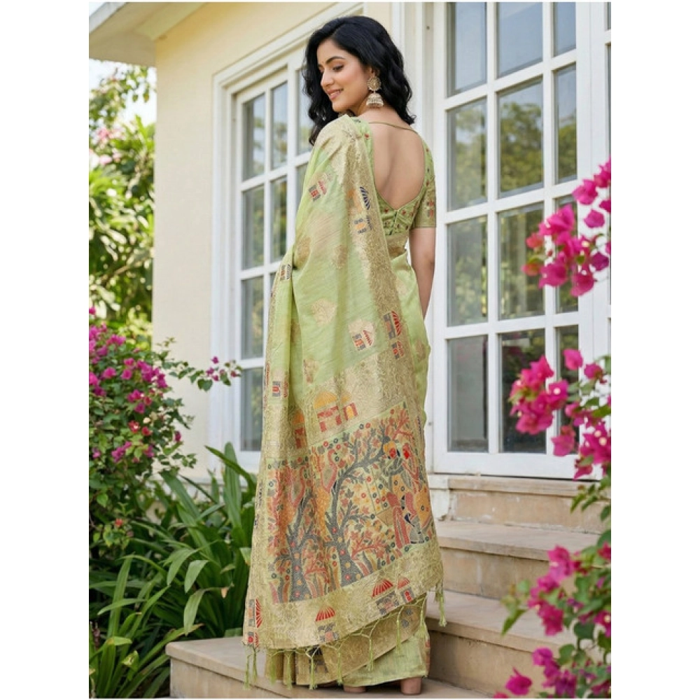 Women's Linen Cotton Printed Saree With Unstitched Blouse 5.5Mtr (Light Green) Women's Linen Cotton Printed Saree With Unstitched Blouse 5.5Mtr (Light Green)