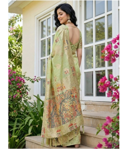 Women's Linen Cotton Printed Saree With Unstitched Blouse 5.5Mtr (Light Green)